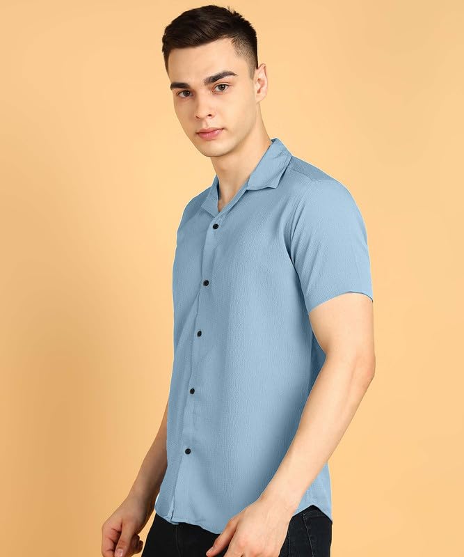 Image of COMBRAIDED Men's Solid Cotton Blend Half Sleeve Shirt - Regular Fit Casual Button-Down Shirt for Office & Travel - Summer & Spring