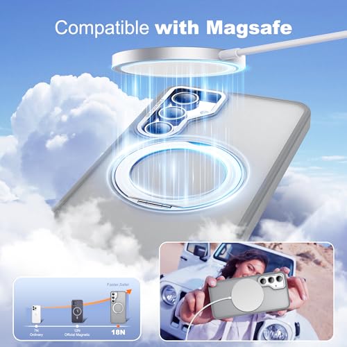 Image of for Samsung Galaxy S24 FE Case with 360 Rotatable Magnetic Ring Stand Compatible with Mag-Safe Military Protection Shockproof Matte Translucent Phone Cases for S24 FE,Gray