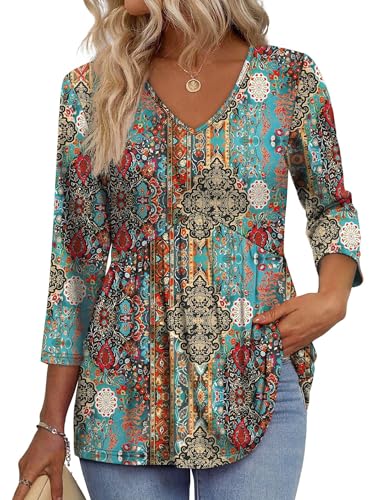 Image of OFEEFAN 3 /4 Length Sleeve Womens Tops 2026 Blouses for Women Dressy Casual Fashion Clothing V Neck Babydoll Tops Fall Outfits