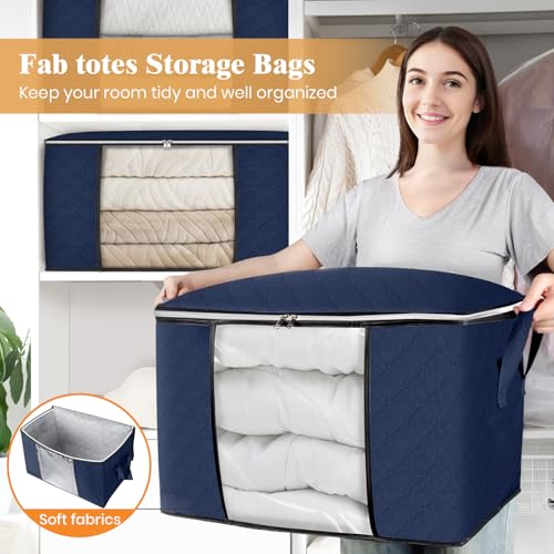 Image of Fab totes 24 Gallons Clothes Storage,Foldable Thick Fabric Blanket Storage Bags, Containers for Organizing Bedroom, Closet, Clothing, Comforter, Organization with Handle (10 Pack,Blue)