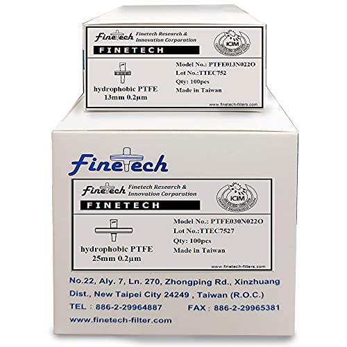Image of Hydrophobic PTFE Syringe Filters 25mm Diameter 0.22μm Pore Size for Laboratory Filtration by Finetech (Pack of 100) Made in Taiwan (PTFE Hydrophobic 25mm 0.22um, 100)