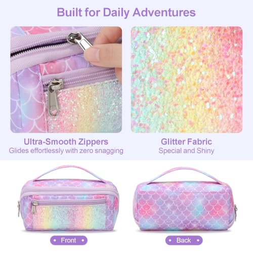 Image of Large Pencil Case for Girls, Aesthetic Pencil Pouch for School, Wide Opening Organizer Box with Handle, Fits 50 Pens & Markers (Glitter Purple Mermaid)