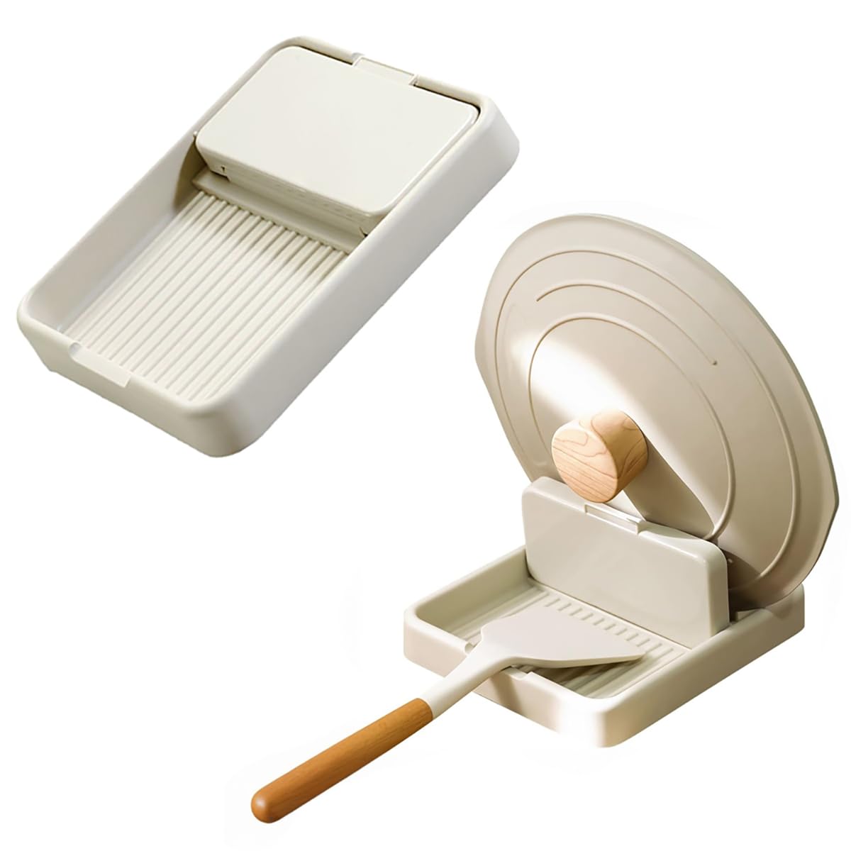 Duomama Spoon Rest 2-Pack for Kitchen Counter, Stove Top, and Grill - Utensil and Lid Holder with Drip Pad - No Mess Cooking Ladle/Spatula/Spoon Holder for Countertop （Beige）