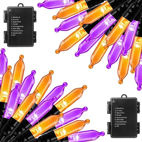 Image of Halloween Orange Purple Outdoor Lights,17.8 Feet 50 LED Christmas Lights with 8 Modes,Waterproof Mini String Lights Battery Operated for Outdoor Indoor Use, Xmas Halloween Tree Holiday Party Patio