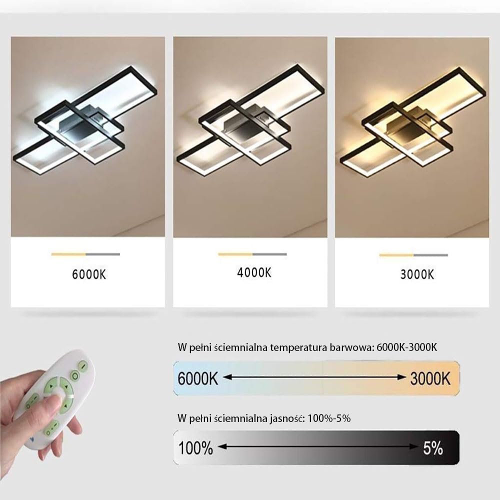 Moderne LED Deckenleuchte Dimmbar LED Deckenlampe Wohnzimmer, 2700k-7000k Wohnzimmerlampe mit Fernbedienung, Geometrisch Multifunktional Deckenbeleuchtung schwarz für Wohnzimmer, schwarz,L80cm