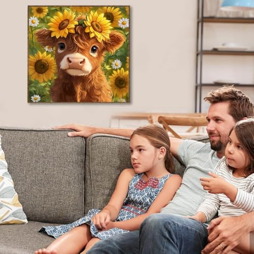 Image of Cattle Sunflower Stamped Cross Stitch Kits for Adults - Embroidery Kits for Beginners Adults,11 CT Patterns Dimensions Counted Cross Stitch Kits for Adults Arts Craft 14x14 inch