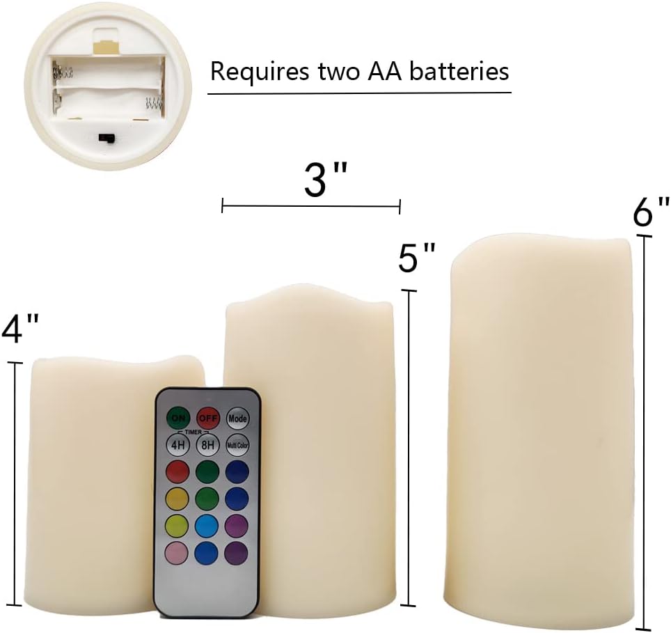 YASENN Candle LED Lights with Remote Control Colored Flameless Candles with Timer, White Candles Colour Changing LED Candles Set of 3, Battery Operated Candles 3" D x 4"/5" /6" H
