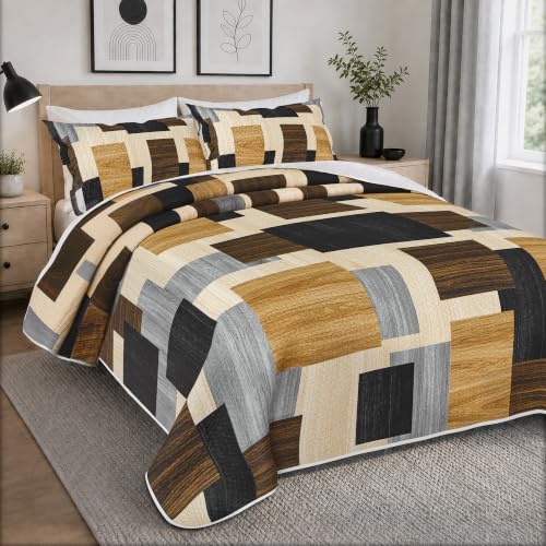 Image of Tyrot 3 Piece Brown Black Quilt King Size Wood Print Bedding Set