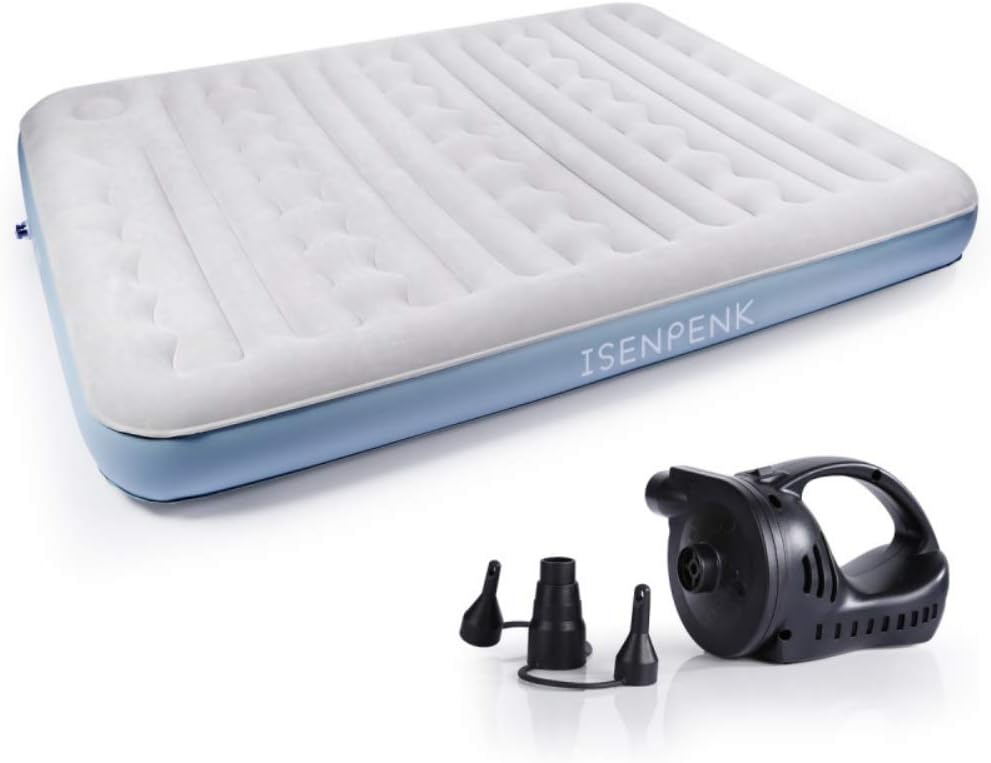ESOLOM Premium Inflatable Double Air Bed (Queen Size) inflation Air Mattress with Two Pumps (Portable Electric Pump & Built-in Foot Pump), Camping Double Air Mattress 203 x 152 x 23 cm