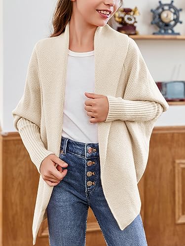 Image of Girls Open Front Cardigan Sweaters Batwing Long Sleeve Shawl Collar Ribbed Knit Winter Coats