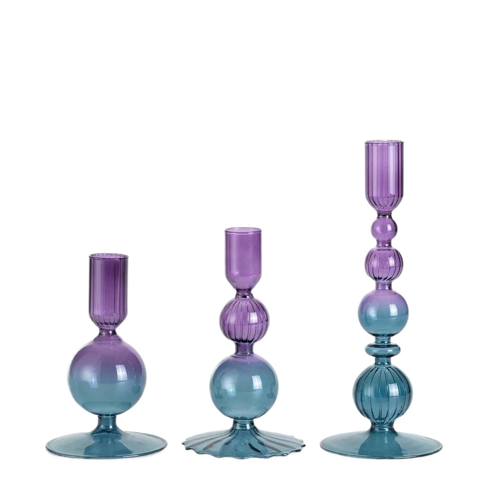 Kerzenständer 3-teiliges Set Kerzenhalter aus Glas, einzigartige, konische Blumenvase, Kerzenständer, romantisch-minimalistisch for Tischdekoration, Heimdekoration(Purple Blue)