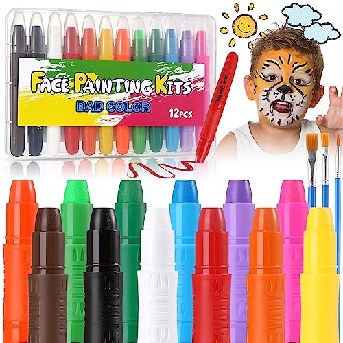Badcolor Face Painting Kits For Kids, 12 Colors Twistable Face Paint Sticks, 3 Type Brushes, Professional Water Based Washable Face Paint Crayons Kit For Halloween Cosplay Makeup Body Paints For Children Adults #TOP1