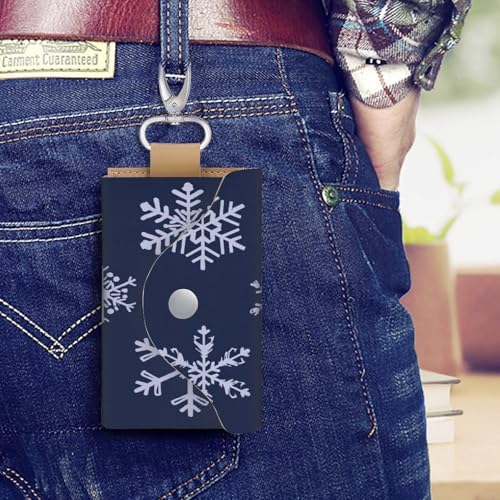 Snowflakes Simple Minimalistic Navy Blue Key Holder Bag PU Leather ID Card Holder Keychains Case Cover for Men Women4