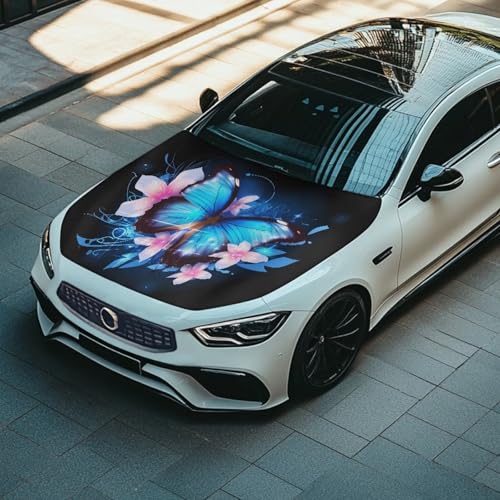 Image of Butterfly Floral Car Hood Cover All Weather Protection Automotive Exterior Accessories Universal Fit Hood Covers for Cars, Trucks, SUV, or Van Full Coverage