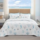 Bedsure Coastal Quilt King Size - Reversible Summer Beach Quilt Bedding, Lightweight Ocean Bedspread, Blue & White Coverlet for All Seasons (106'x96')