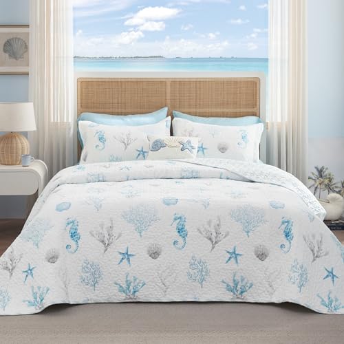 Image of Bedsure Coastal Bedding Queen Size, Reversible Beach Quilt, Ocean Comforter