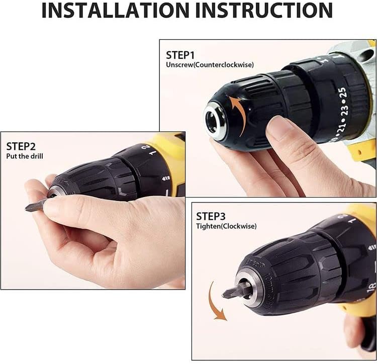 Three-step instruction for installing a drill bit into the chuck