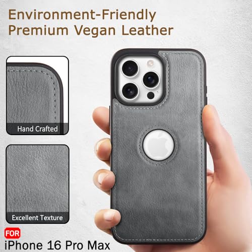 Image of TheGiftKart Genuine Leather Finish Back Cover Case for iPhone 16 Pro Max | Shockproof Design | Raised Edges for Camera & Screen Protection | Stunning Minimalist Case Cover (Faux Leather & PC, Grey)