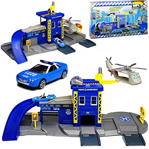 Motormax Polizei Station mit Fahrzeug und Zubehör mit vielen Funktionen 1/64