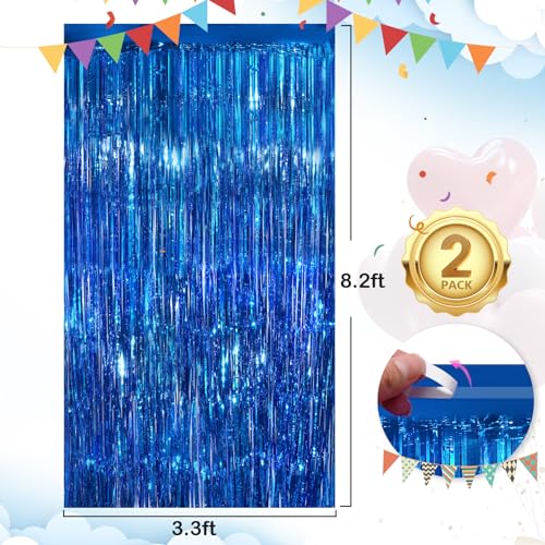 Image of Blue Fringe Curtain Party Streamers 2Pack 3.3 x 8.3 Ft Foil Fringe Backdrop Curtains for Birthday Wedding Bridal Baby Shower Holiday Tinsel Streamers Blue Christmas Party Decorations Door Streamer