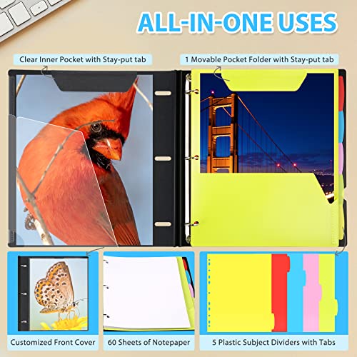 WOT I 1-Pack Telescoping 3 Ring Binder Notebook - Customizable Cover, 5 Dividers & Pocket Folder in One Slim Organizer (60 Sheets Included), Black - Image 6