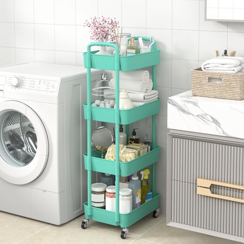 Image of Sywhitta 4-Tier Plastic Rolling Utility Cart with Wheels for Storage,Green | Multi-Functional Storage Trolley, for Office, Living Room, Kitchen, Bathroom,Movable Organizer,Space-Saving,Easy to assemble