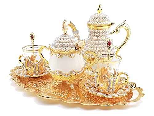 Coppereagles Luxurious Copper And Brass Elegant All In One Serving Set, Tea Pot, Decorated With Crystals And Pearls Resistant To High Temperatures (Set With Porcelain Bowl) #TOP2