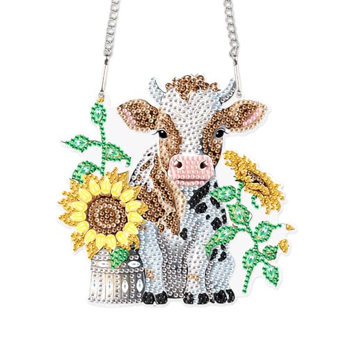 Image of Sunflower and Cow Diamond Art Hanging, DIY 5D Diamond Painting Ornament with Rhinestones, Handmade Craft Gift for Wall, Door, Window, Home or Garden Decor