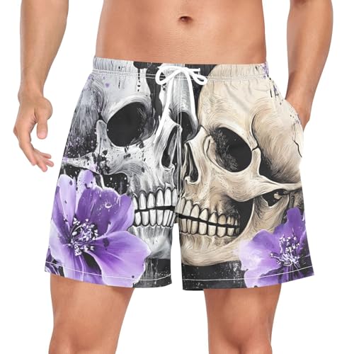 Mens Swim Trunks with Liner, Skulls Floral Purple Black Cool Quick Dry Beach Swim Shorts, Swimwear Bathing Suits S