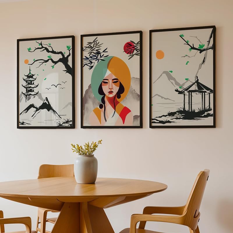 Image of NoWorries Japanese wall art painting with frame for home decoration /Wall decor paintings for living room, Framed poster set for bedroom (Japanese pattern) (13x19 inches)