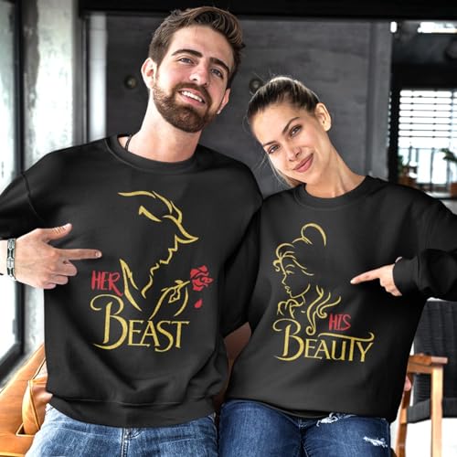 Matching Couples Shirts Her Beast His Beaty Shirt, Set for Men Women T-Shirt Valentine Outfit, Husband Wife T-Shirts, Women Men Couple Valentine's Day Tshirt2