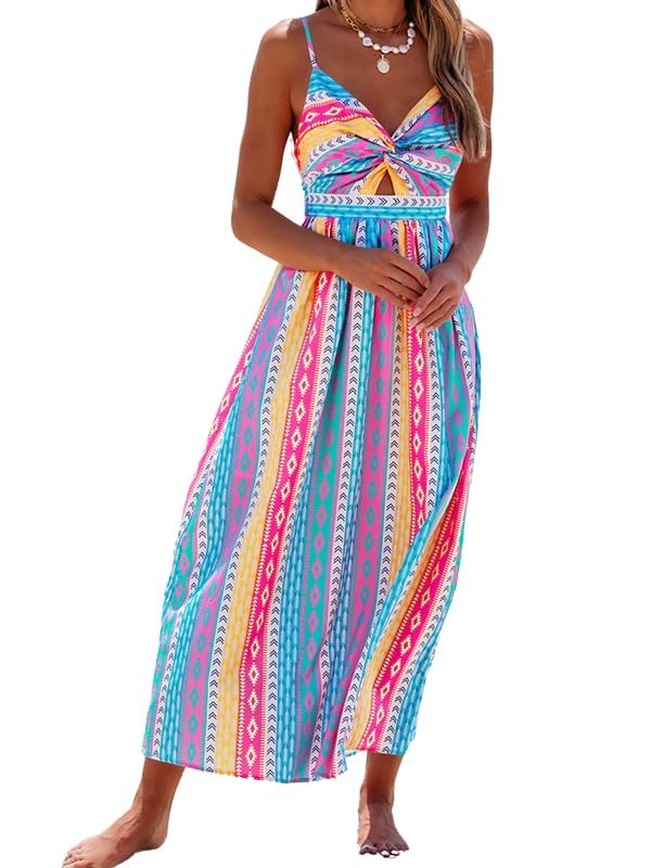 Image of popvil Women's Summer Dress Colorful Striped Print V-Neck Strap Beach Maxi Sundress
