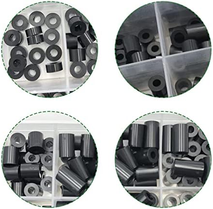 ANOTHEEE 150 Pcs ABS Round Spacer Washer Kit Insulation Spacer, for M3, M4 Screws 10 Kinds Different Size Cylindrical Support Black Nylon Spacer with Transparent Storage Box (Black)