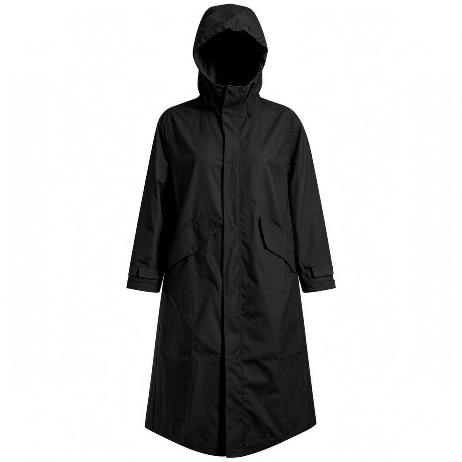 TRENDYNEST Adjustable Cuffs Long Hooded Raincoat Flap Pockets Hooded Raincoat Loose Fit Rain Jacket Full Coverage, Black-picture-50