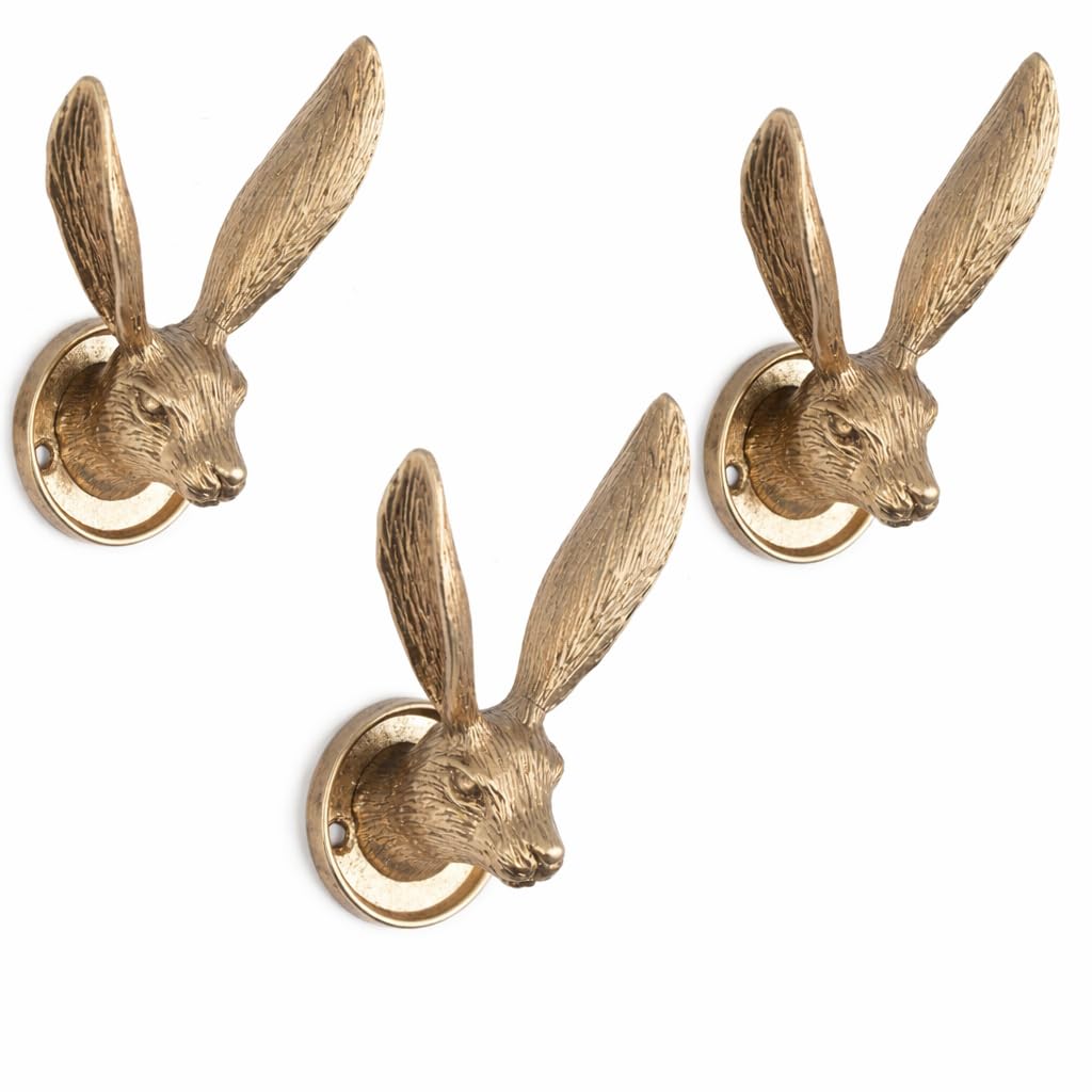Fyne-Finds Set of 3 Gold Metal Hare Hook Wall Mounted Rabbit Head Vintage Animal Coat Hook Keys Towels Clothes Bathroom Bedroom Home Decor