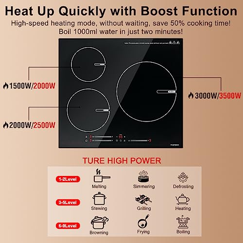 Induction Cooktop, Ecotouch 3 Burners Built-In Induction Cooker, Smoothtop Vitro Ceramic Surface Electric Cooktop 24'' With Booster Burner Indh630B #TOP2