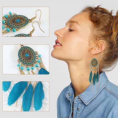 Bohend Boho Feather Tassel Earrings Gold Long Turquoise Earring Bohemia Travel Beach Bead Chain Ear Accessories for Women and Girls (Blue)