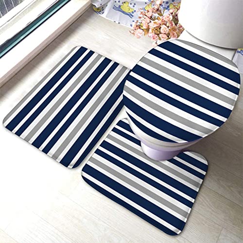 Badezimmerteppich-Set, 3-teilig, blau-graue Streifen, nahtloses Muster, waschbare Badteppiche, rutschfest, mit Rückenpolster, Konturteppich und Toilettendeckelbezug