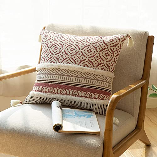 Image of Modern Homes Boho Tufted Decorative Throw Pillow Covers for Couch Sofa - Moroccan Style Cushion Covers with Tassels, Accent Decor Pillow for Bedroom Living Room (Pink, 16x16 inch)