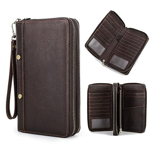 Contacts Mens Leather Clutch Bag Large Capacity Card Holder Travel Wrist Wallets Brown Checkbook Passport Purse Handbag with Rfid