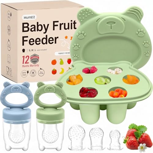 MumEZ Baby Fruit Feeder Set Includes 2 Food Dummy Feeders with 3 Size Nipples Silicone Feeder for Babies Pacifier & Storage Containersr