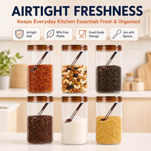 Image of Homeor Plastic Storage Jar & Containers With Spoon, Airtight & BPA Free Containers for Kitchen Storage, Grocery Kitchen Container, Multipurpose Jar, Fridge Storage Container, 2000 ML Set 6, Brown