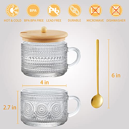 Tekuve Vintage Glass Coffee Mugs Set Of 4, Clear Embossed Tea Cups, Coffee Bar Accessories, Iced Coffee Cups With Bamboo Lids And Spoons For Overnight Oats, Yogurt, Cappuccino, Latte(4T) #TOP4