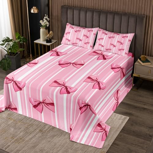 Erosebridal Pink Bowknot Bedspread for Girls Bedroom, Dreamy Princess King Size Quilt Set, Cute Bow Girly Coverlet, Kawaii Geometry Stripes Bedding Set