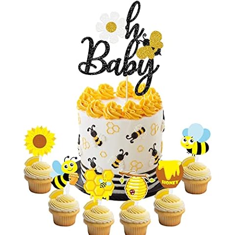 Vetwo 31pcs Oh Baby Bee Cake Topper Glitter Oh Babee Cupcake Decor Bumble Bee/Bee Beehive/HoneyBee/Little Bee Themed Gender Reveal Pregnancy Announcement Baby Shower Party Supplies Decorations Cover