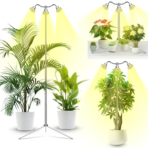 Full Spectrum Grow Lights for Indoor Plants 15-62 Inches Height Adjustable Aluminum Alloy Plant Growing Lamps with Detachable Tripod Stand, Auto On/Off Timer (Full Spectrum, Three Heads)