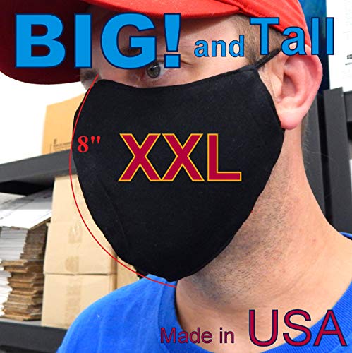 Big and Tall Size XXL Anti Air Dust Cover Unisex Mouth Cover Cotton Washable Reusable Fabric triple Layers 3-D shape, nose wire filter pocket adjustable ear + 2 Carbon Filters for Big Men (Black)