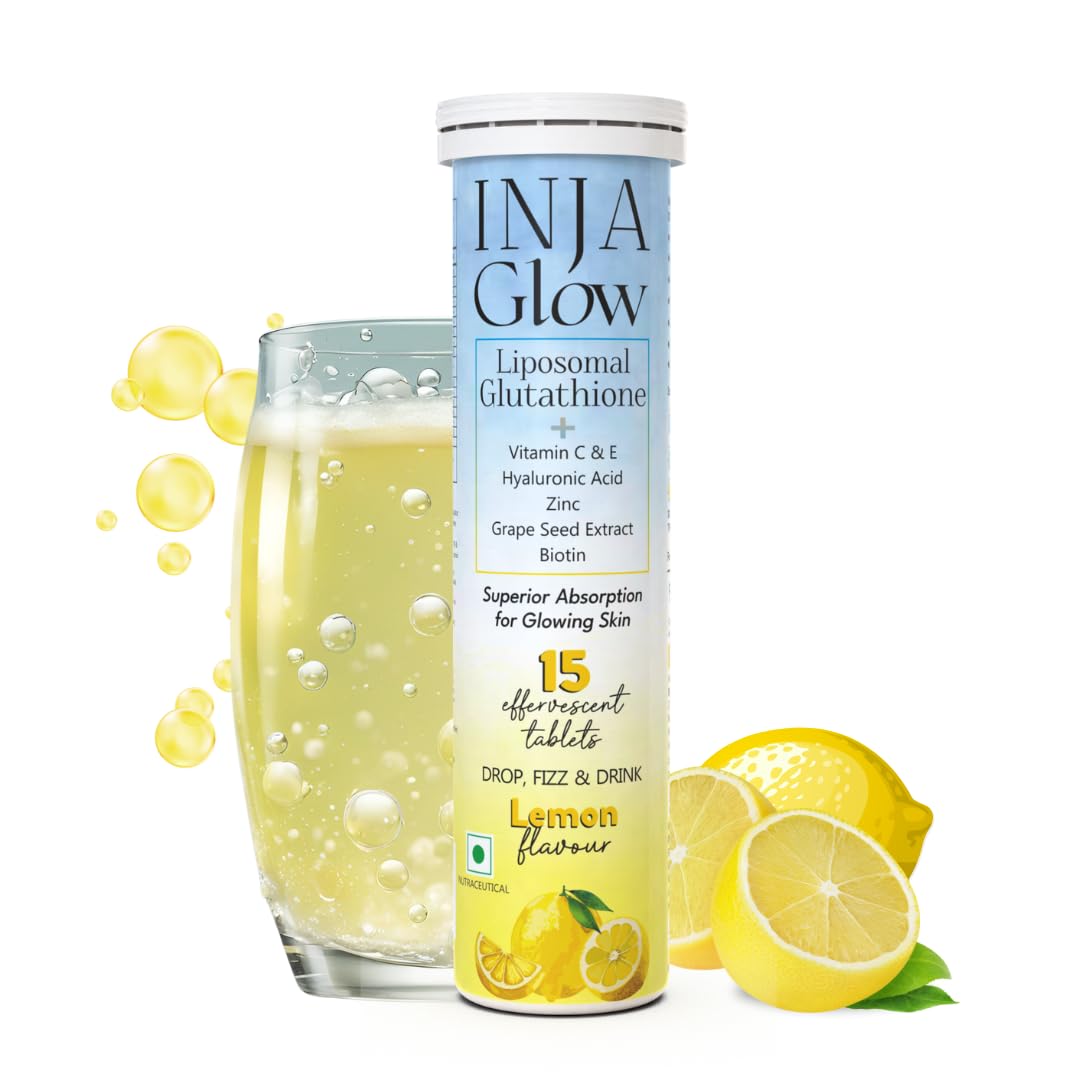 INJAGlow Liposomal Glutathione with Vitamin C & E,Hyaluronic Acid,Zinc,Biotin & Grape Seed Extract,4x More Effective,Reduces Dark Spots,Enhances Skin Glow & Collagen,Lemon Flavour,1 count,15 capsules