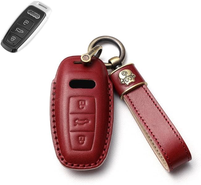 SANRILY Funda protectora de cuero para llave de coche para Audi A8 A6 A7 C8 Q8 Q7 E-Tron 2019 2020 con llavero de gato de la suerte