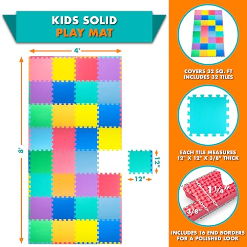 Image of ProSource Baby Play Mat, Soft Foam Floor Tiles for Kids, Interlocking EVA Panels for Playpen Use, Crawling Development Surface, Safe Non-Toxic Toddler Flooring, 32 Tiles, Multicolor
